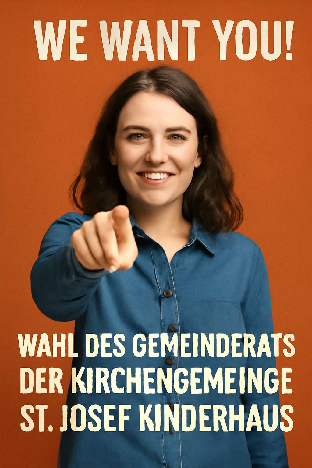 Junge Frau zeigt auf Betrachter